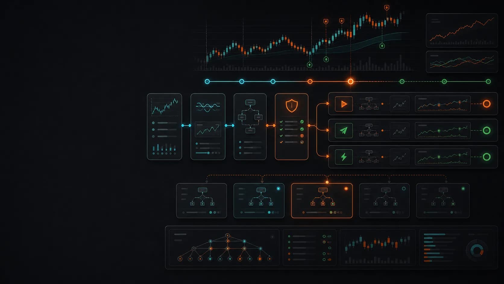 One blueprint can move through backtest, paper, and live execution. illustration