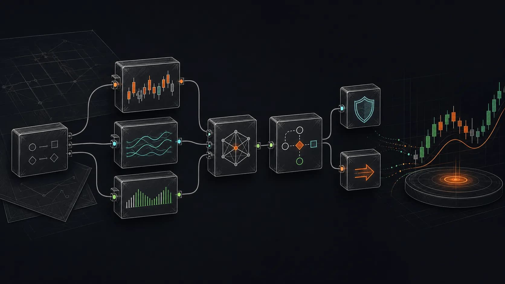 Turn trading logic into executable node blueprints. illustration