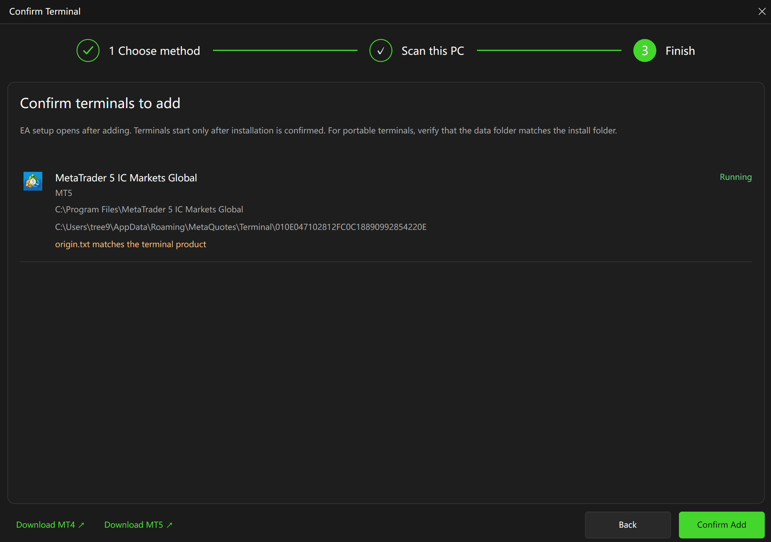 Figure 4: Verify the terminal and its folders before clicking Confirm Add.