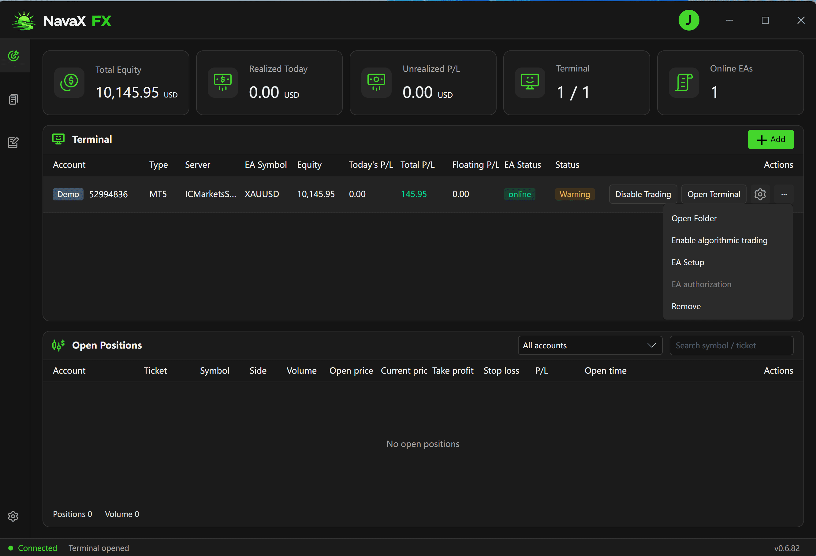 Figure 8: An online EA can still show Warning. The menu provides Enable algorithmic trading.
