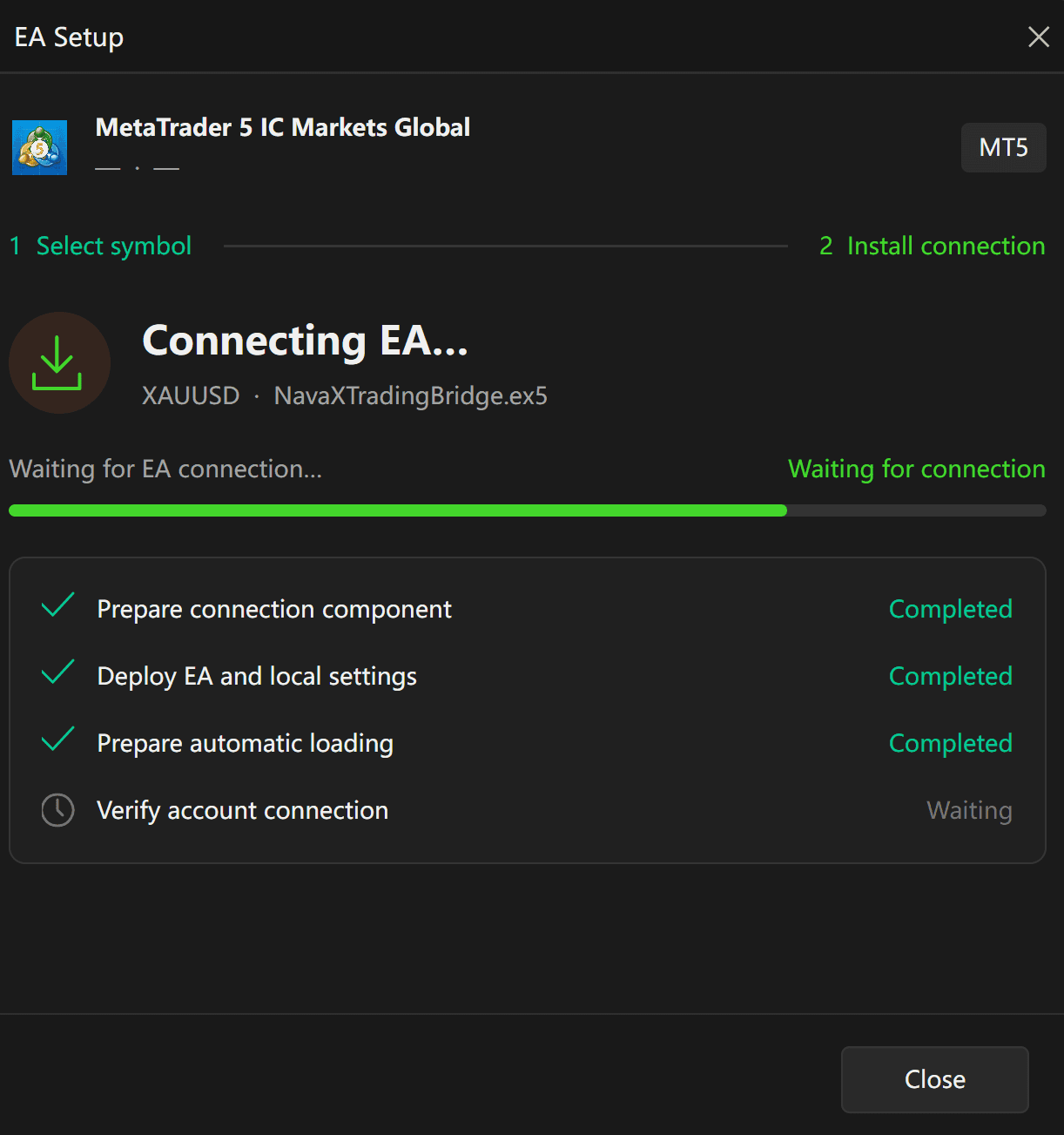 Figure 6: The components are deployed, but account connection verification is still waiting.